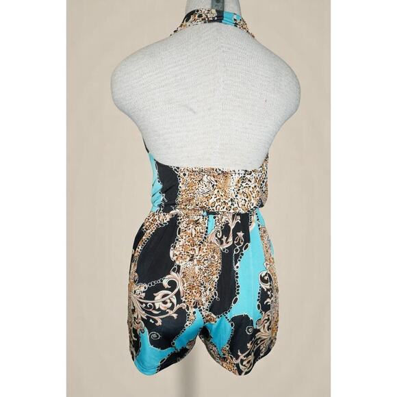 Vintage Halter Romper Leopard Baroque Print Aqua Black Gold – Made in USA – Smal - Picture 3 of 7